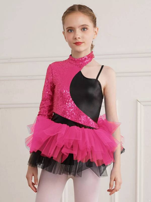 Kids Girls Sequin Asymmetrical Sleeves Ballet Dance Leotard Tutu Dress thumb