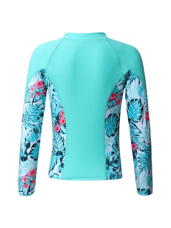 Kids Girls Long Sleeve Tropical Pattern Zipper Swimsuit Rash Guard thumb