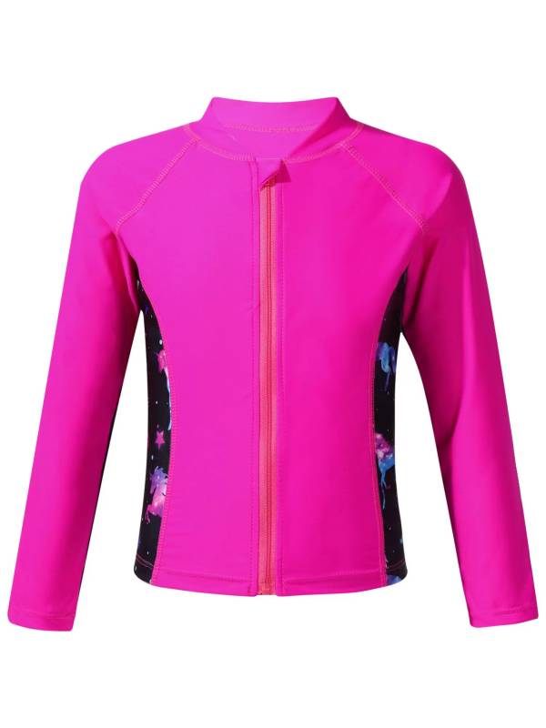 Kids Girls Long Sleeve Tropical Pattern Zipper Swimsuit Rash Guard thumb
