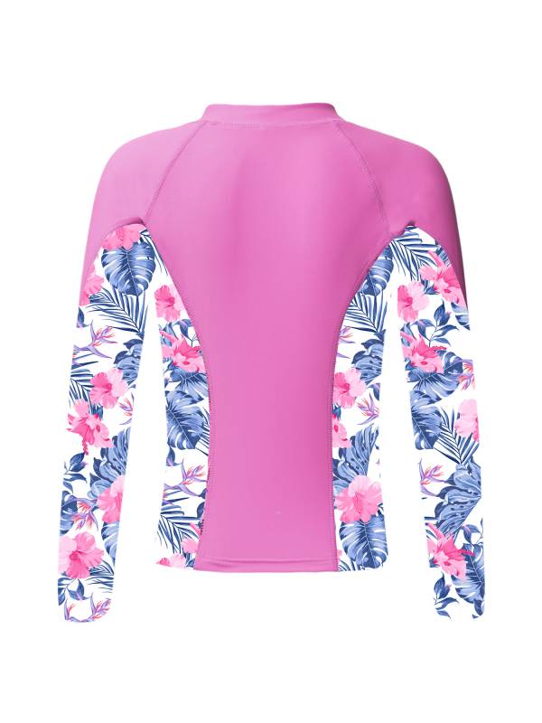 Kids Girls Long Sleeve Tropical Pattern Zipper Swimsuit Rash Guard thumb