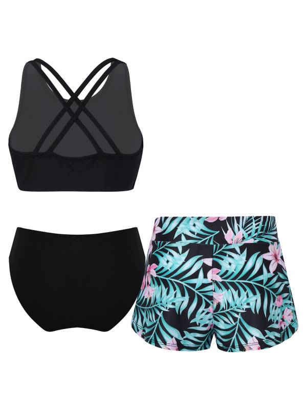 Kids Girls Sleeveless Solid Tankini and Print Shorts Swimsuit Set thumb