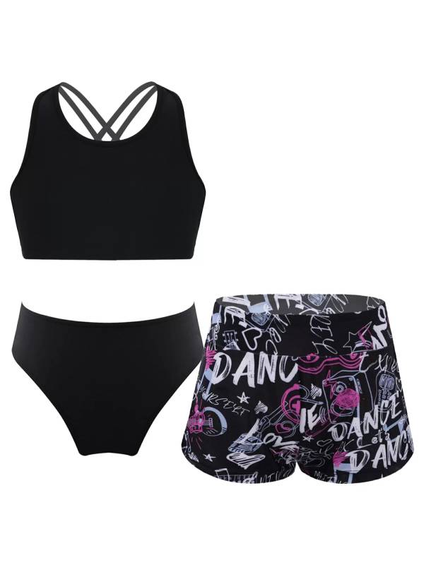 Kids Girls Sleeveless Solid Tankini and Print Shorts Swimsuit Set thumb
