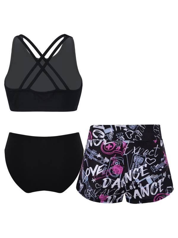Kids Girls Sleeveless Solid Tankini and Print Shorts Swimsuit Set thumb