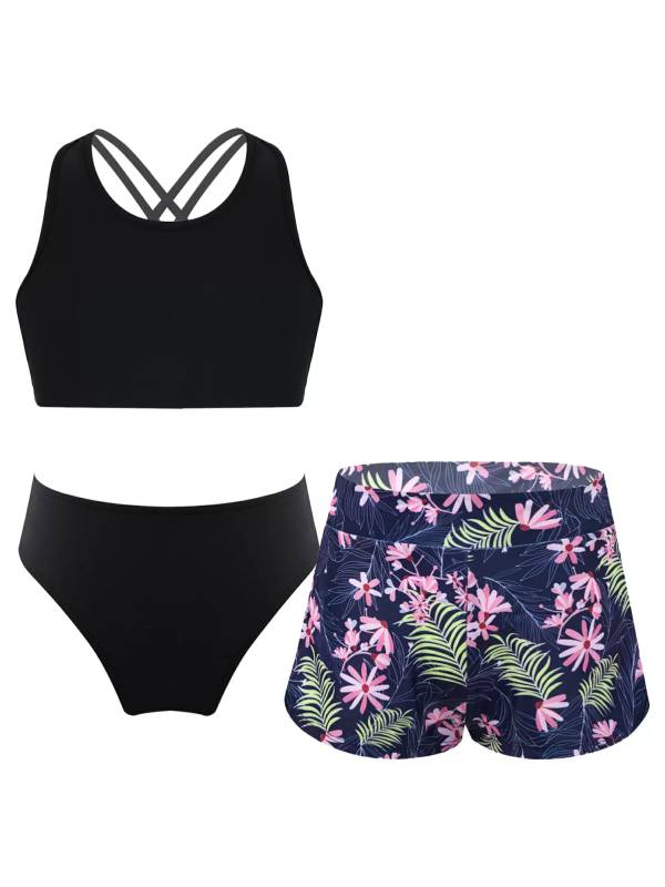 Kids Girls Sleeveless Solid Tankini and Print Shorts Swimsuit Set thumb