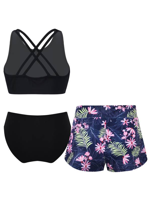 Kids Girls Sleeveless Solid Tankini and Print Shorts Swimsuit Set thumb