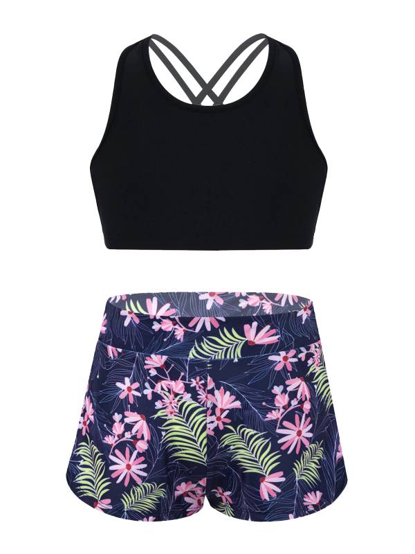 Kids Girls Sleeveless Solid Tankini and Print Shorts Swimsuit Set thumb