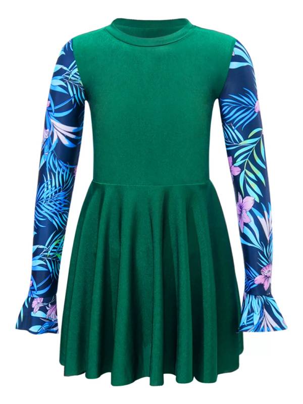 Kids Girls Long Sleeve Flared Cuffs Rash Guard Swim Dress thumb