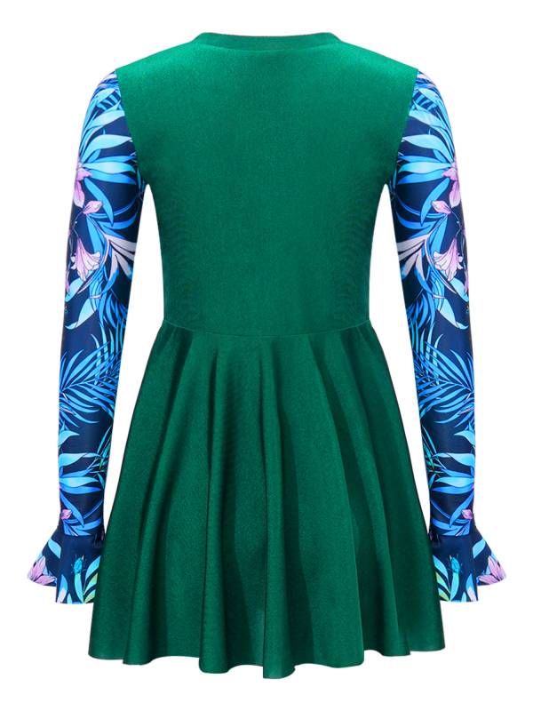 Kids Girls Long Sleeve Flared Cuffs Rash Guard Swim Dress thumb