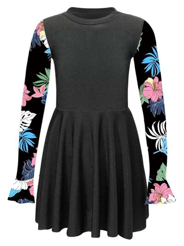 Kids Girls Long Sleeve Flared Cuffs Rash Guard Swim Dress thumb