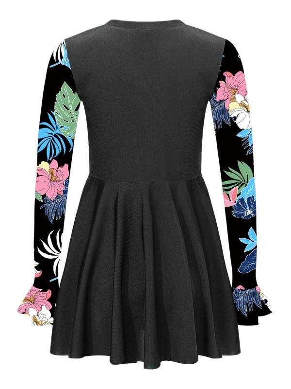Kids Girls Long Sleeve Flared Cuffs Rash Guard Swim Dress thumb