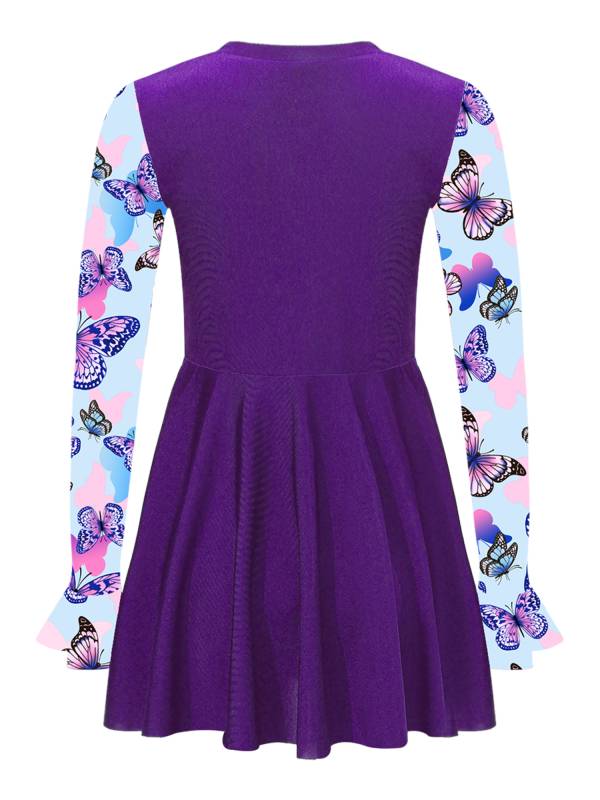 Kids Girls Long Sleeve Flared Cuffs Rash Guard Swim Dress thumb