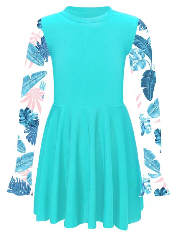 Kids Girls Long Sleeve Flared Cuffs Rash Guard Swim Dress thumb