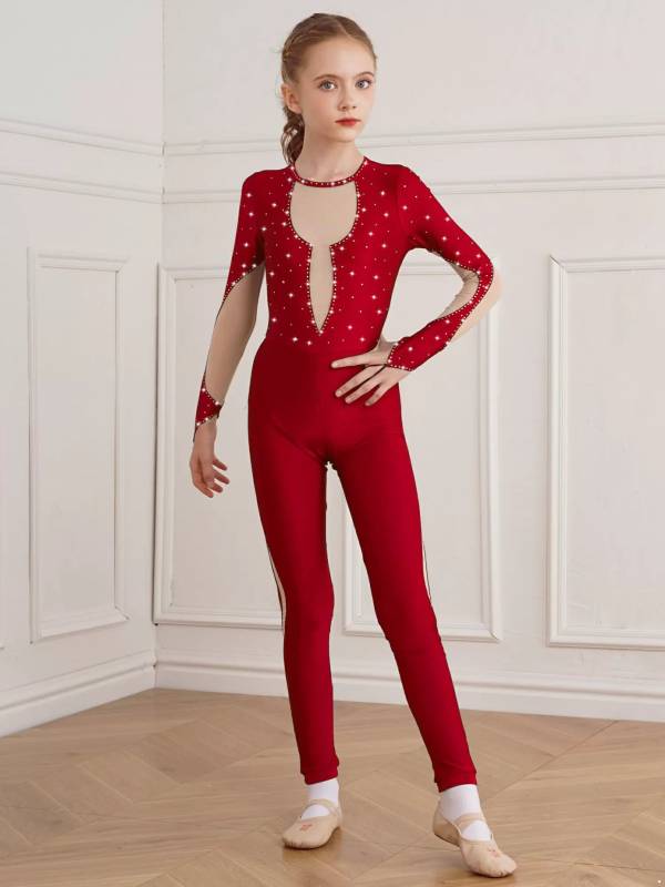 Kids Girls Long Sleeve Shiny Gymnastics Unitard Skating Jumpsuit thumb