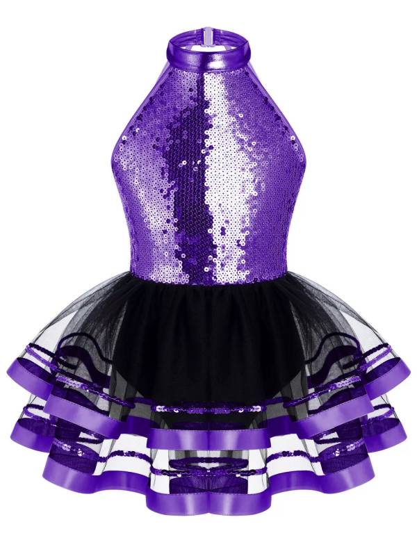 Kids Girls Sleeveless Sequin Hollow Back Tutu Jazz Dance Dress thumb
