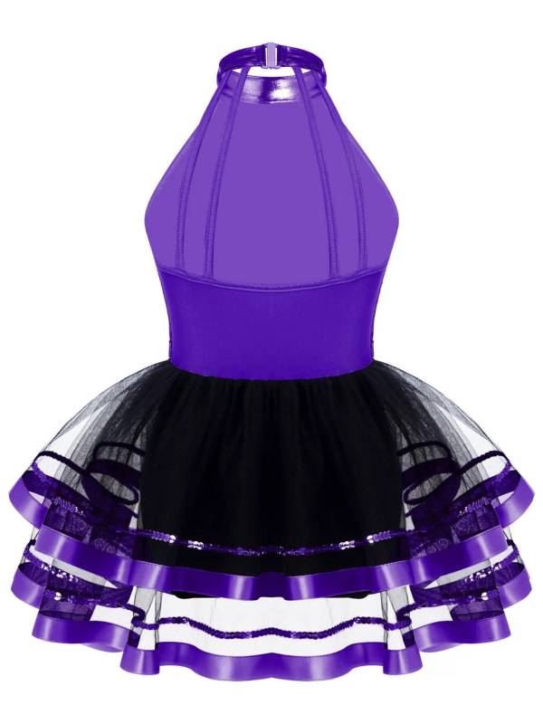 Kids Girls Sleeveless Sequin Hollow Back Tutu Jazz Dance Dress thumb