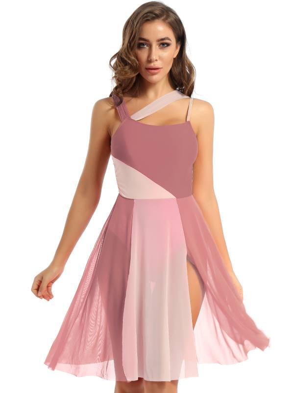 Women Sleeveless Color Block Mesh Lyrical Dance Leotard Dress thumb
