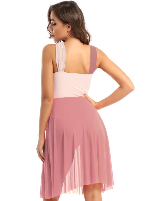 Women Sleeveless Color Block Mesh Lyrical Dance Leotard Dress thumb