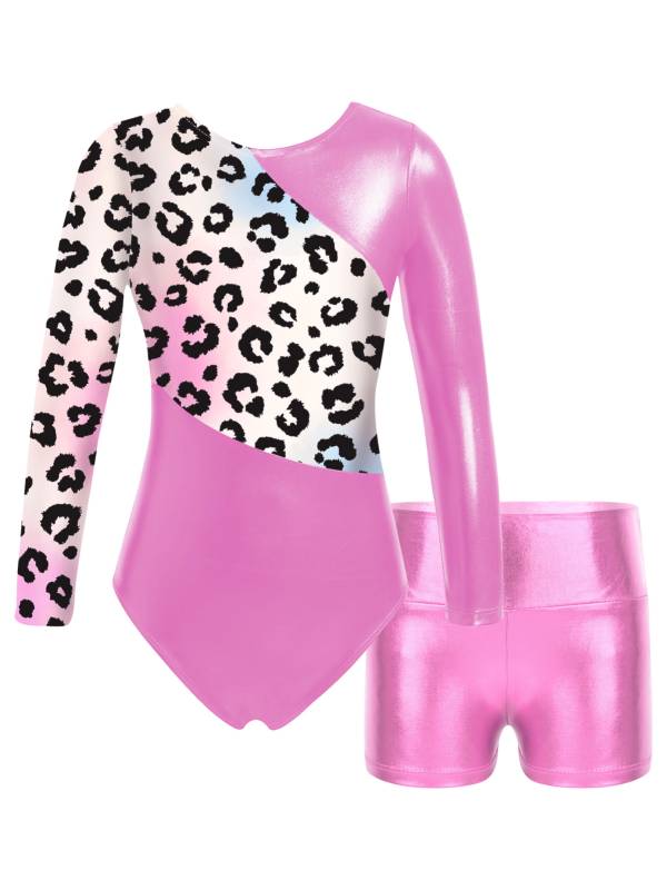 Kids Girls Long Sleeve Printed Patchwork Leotard with Shorts Sport Set thumb