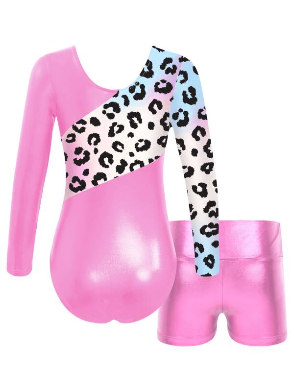 Kids Girls Long Sleeve Printed Patchwork Leotard with Shorts Sport Set thumb