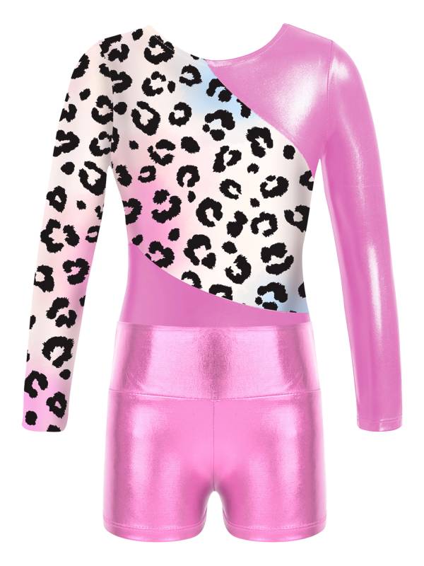 Kids Girls Long Sleeve Printed Patchwork Leotard with Shorts Sport Set thumb