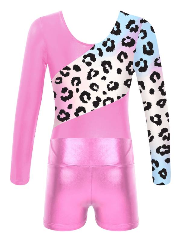 Kids Girls Long Sleeve Printed Patchwork Leotard with Shorts Sport Set thumb
