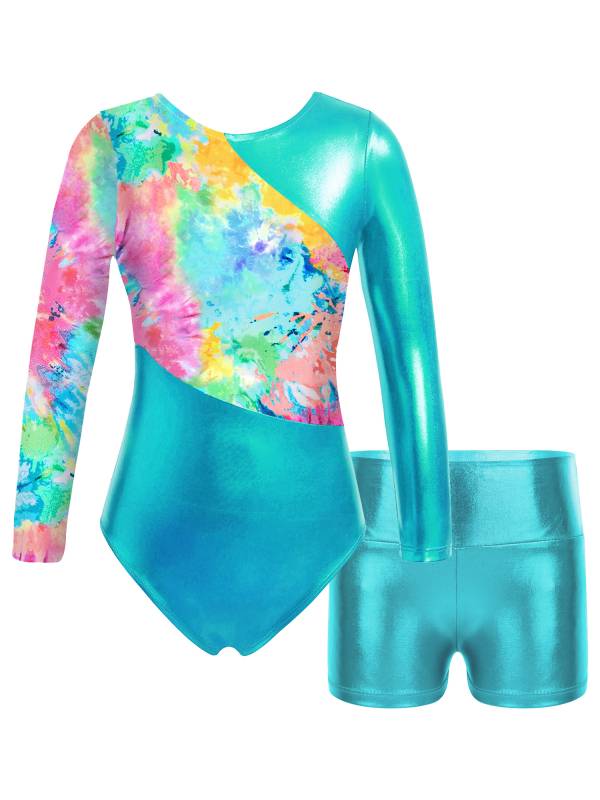Kids Girls Long Sleeve Printed Patchwork Leotard with Shorts Sport Set thumb