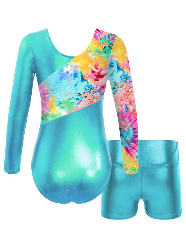 Kids Girls Long Sleeve Printed Patchwork Leotard with Shorts Sport Set thumb