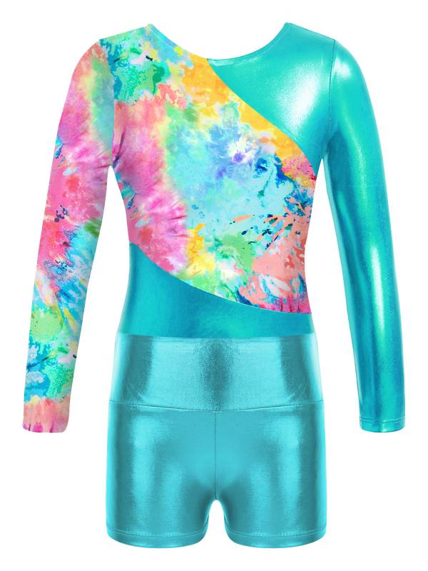 Kids Girls Long Sleeve Printed Patchwork Leotard with Shorts Sport Set thumb