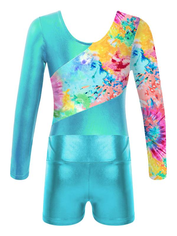 Kids Girls Long Sleeve Printed Patchwork Leotard with Shorts Sport Set thumb