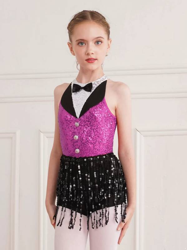 Kids Girls Sleeveless Sequin Tassel One-Piece Jazz Dance Leotard thumb