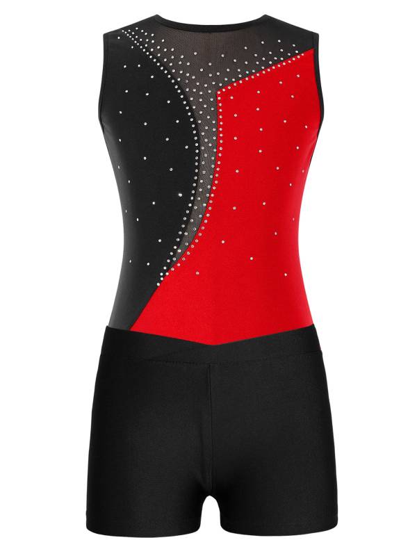 Kids Girls 2pcs Sleeveless Colorblock Leotard and Shorts Gymnastic Set thumb
