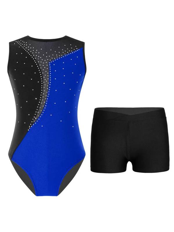Kids Girls 2pcs Sleeveless Colorblock Leotard and Shorts Gymnastic Set thumb