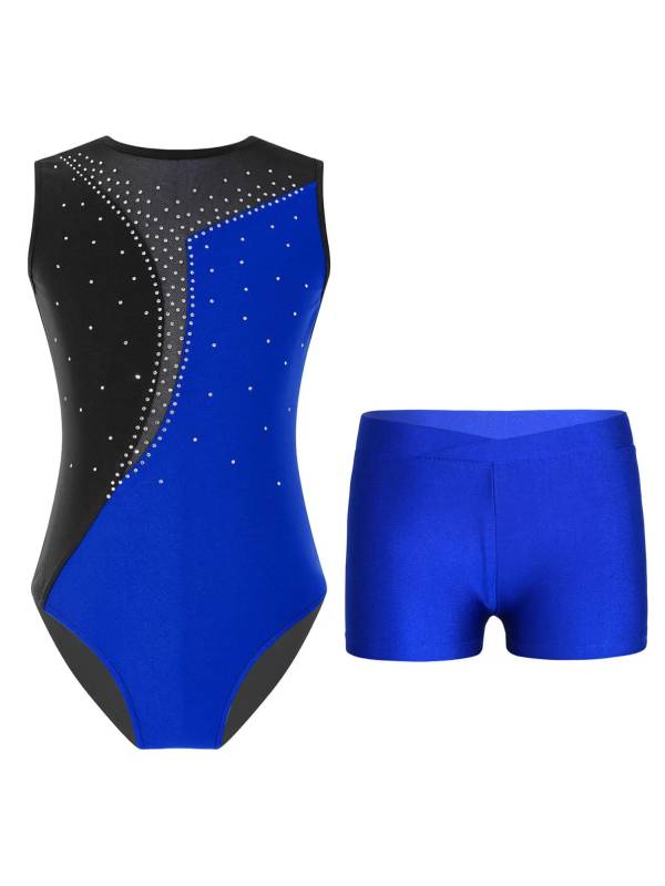 Kids Girls 2pcs Sleeveless Colorblock Leotard and Shorts Gymnastic Set thumb