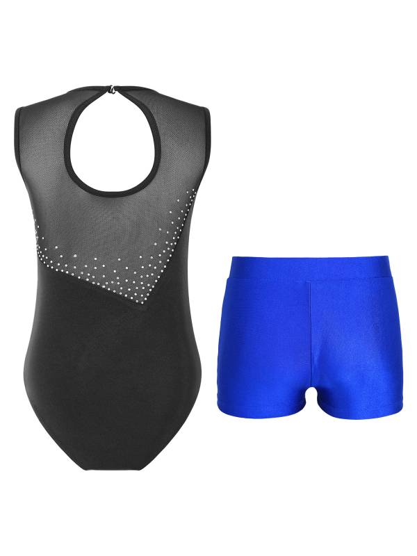 Kids Girls 2pcs Sleeveless Colorblock Leotard and Shorts Gymnastic Set thumb