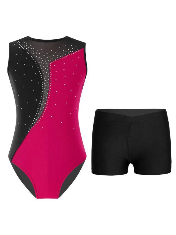 Kids Girls 2pcs Sleeveless Colorblock Leotard and Shorts Gymnastic Set thumb