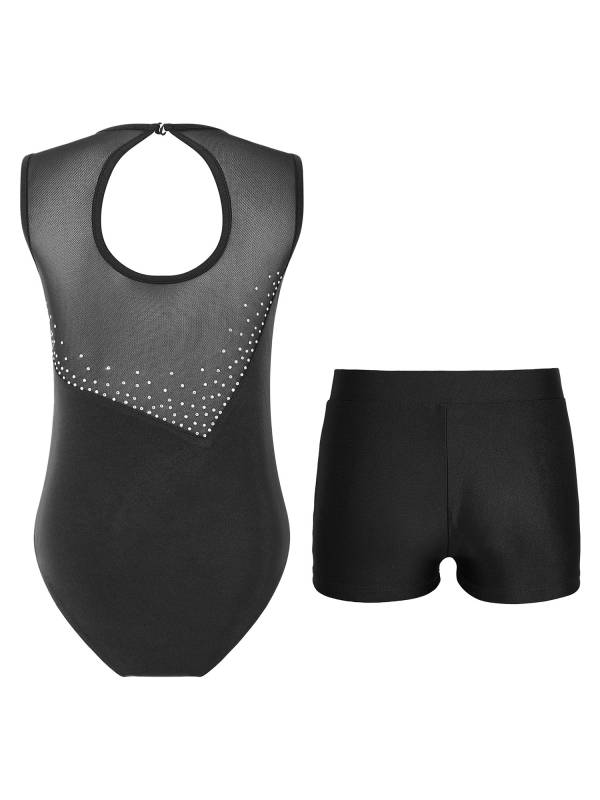 Kids Girls 2pcs Sleeveless Colorblock Leotard and Shorts Gymnastic Set thumb
