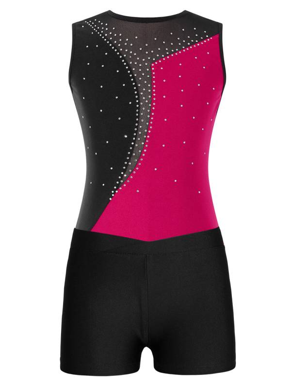 Kids Girls 2pcs Sleeveless Colorblock Leotard and Shorts Gymnastic Set thumb