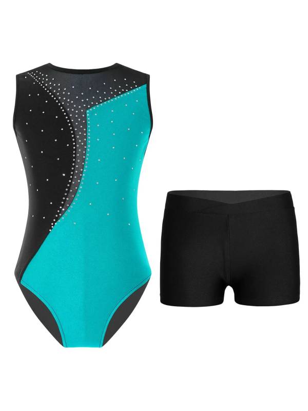 Kids Girls 2pcs Sleeveless Colorblock Leotard and Shorts Gymnastic Set thumb