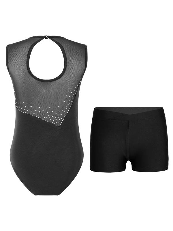 Kids Girls 2pcs Sleeveless Colorblock Leotard and Shorts Gymnastic Set thumb