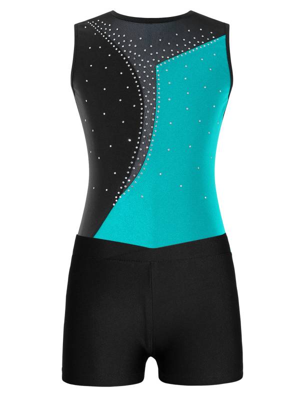 Kids Girls 2pcs Sleeveless Colorblock Leotard and Shorts Gymnastic Set thumb