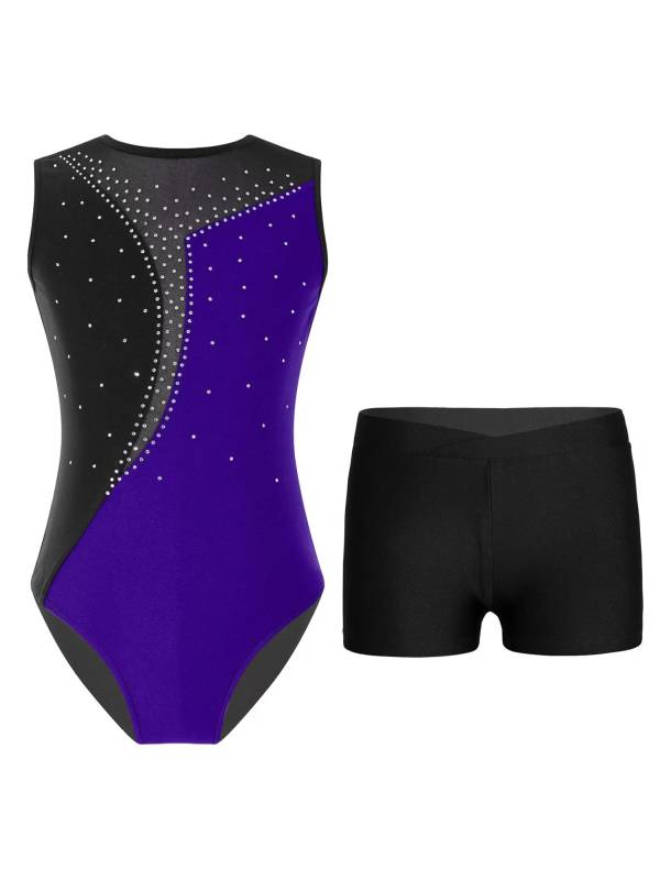 Kids Girls 2pcs Sleeveless Colorblock Leotard and Shorts Gymnastic Set thumb