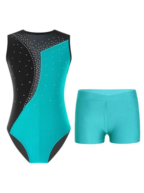 Kids Girls 2pcs Sleeveless Colorblock Leotard and Shorts Gymnastic Set thumb