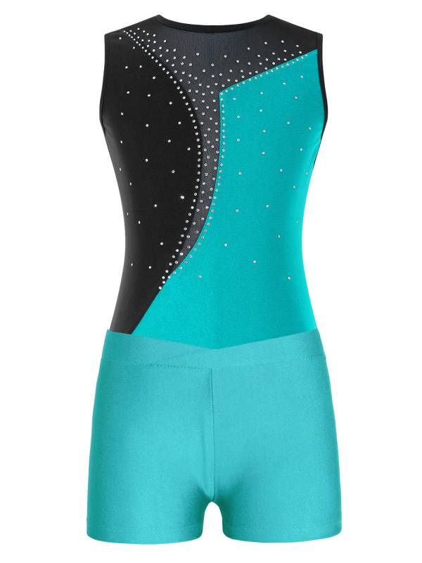 Kids Girls 2pcs Sleeveless Colorblock Leotard and Shorts Gymnastic Set thumb