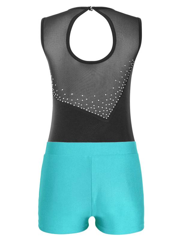 Kids Girls 2pcs Sleeveless Colorblock Leotard and Shorts Gymnastic Set thumb