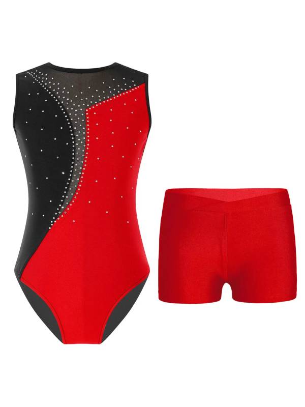 Kids Girls 2pcs Sleeveless Colorblock Leotard and Shorts Gymnastic Set thumb