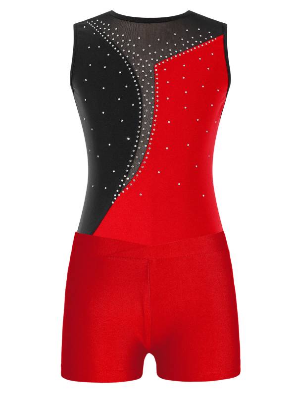 Kids Girls 2pcs Sleeveless Colorblock Leotard and Shorts Gymnastic Set thumb