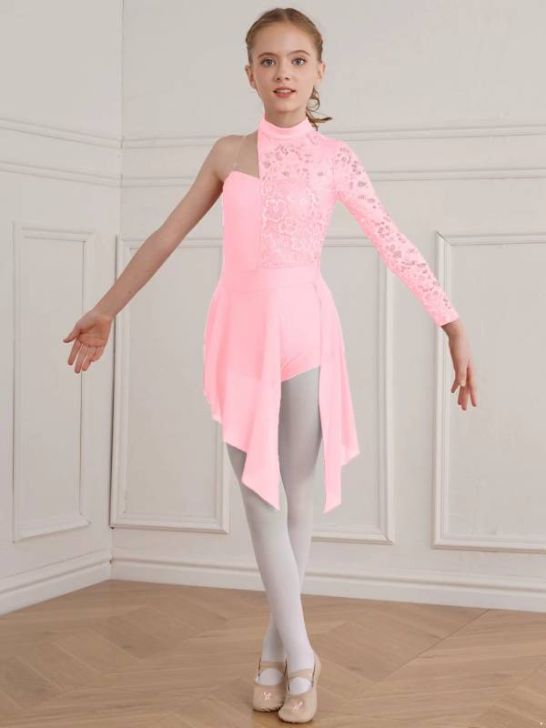 Kids Girls Floral Lace One Shoulder Lyrical Dance Dress thumb