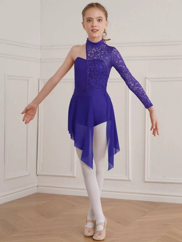 Kids Girls Floral Lace One Shoulder Lyrical Dance Dress thumb
