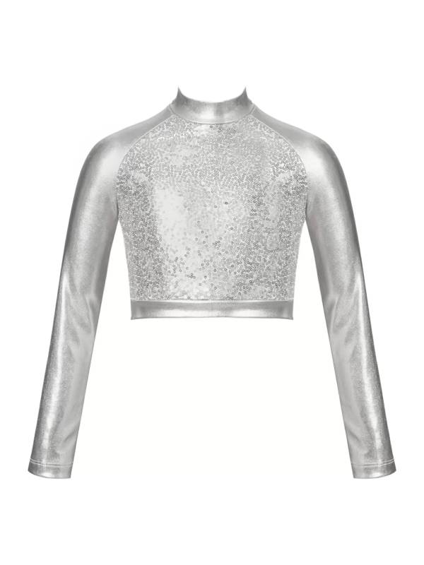 Kids Girls Glossy Metallic Long Sleeve Jazz Crop Top thumb