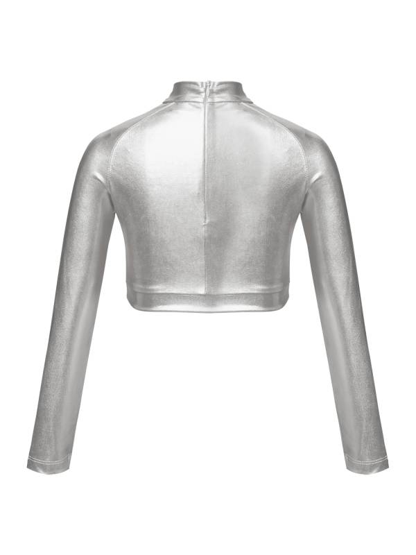 Kids Girls Glossy Metallic Long Sleeve Jazz Crop Top thumb